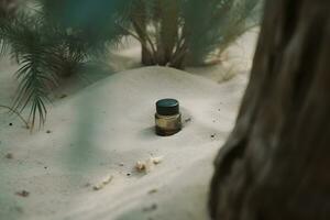 A bottle of perfume on the seashore is enveloped in a wave. Yellow sand on the beach, marine cosmetics and fragrance. Neural network AI generated photo