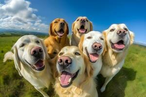 linda beagle mirando a el cámara mientras tomando un selfie con otro beagle y un doguillo. neural red ai generado foto