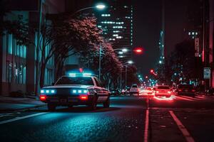 azul ligero Destellador encima de un policía coche. ciudad luces en el antecedentes. neural red ai generado foto