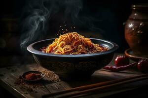 Black bowl with chinese noodles Jiangsu cuisine. Neural network AI generated photo