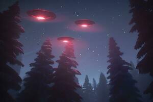 Low key image of UFO hovering over a forest at night with light beam. Neural network AI generated photo