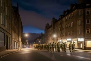 Swedish soldiers on the old street. Neural network AI generated photo