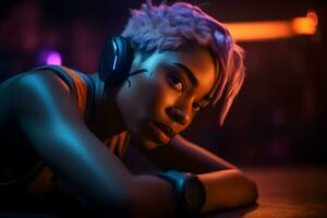 Young woman with mohawk in headphones, cyberpunk style. Neural network AI generated photo