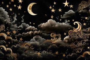 Black and gold night sky illustration with moon and clouds. Neural network AI generated photo