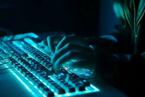 Hacker uses keyboard, shakes buttons with fingers to crack password. Internet security concept, cyber attack. Neon blue color. Neural network AI generated photo
