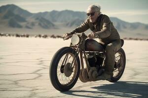 motociclista montando mediante uyuni sal plano desierto. neural red ai generado foto