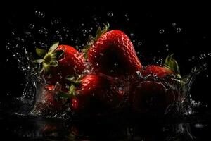 Strawberries and splashes of water on a black background. Neural network AI generated photo