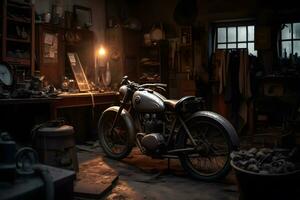 Old vintage motorcycle in the garage. Neural network AI generated photo