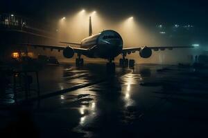 avión a el aeropuerto a noche en el lluvia. neural red ai generado foto