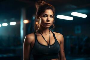 Beautiful athletic latina woman in the gym. Neural network AI generated photo