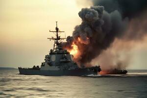 War concept. Night battle scene at sea. warship on fire. Neural network AI generated photo