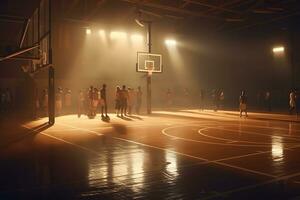 baloncesto estadio dentro vista. neural red ai generado foto