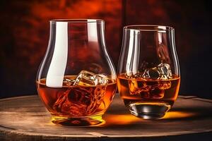 close up of a shot of whiskey on a bar top. Neural network AI generated photo