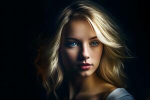 Portrait of a blonde girl on a dark background. Neural network AI generated photo