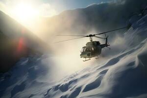 Rescue helicopter flying in a snowy landscape. Neural network AI generated photo