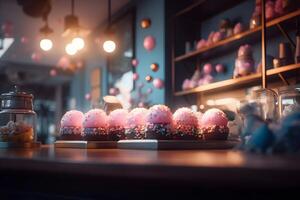Large choice of sweets in a candy shop. Neural network AI generated photo