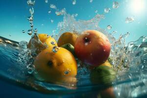 Tropical fruits fall deeply under water with a big splash. Neural network AI generated photo