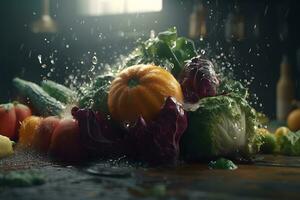 Vegetables splash in water on black background. Neural network AI generated photo