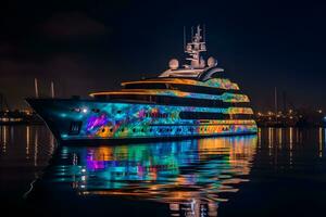 Yacht with neon lighting. Neural network AI generated photo