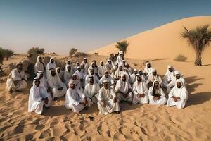 muchos árabe hombres en el desierto. neural red ai generado foto