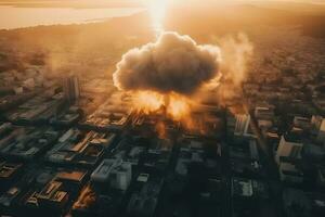 Nuclear explosion in the city. Neural network AI generated photo