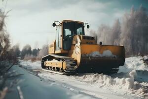 Snow plow doing snow removal after a blizzard. Neural network AI generated photo