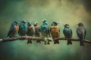 Group of birds on a branch, cold tone. Neural network AI generated photo