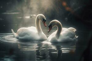 cisnes nadando en el agua en naturaleza. neural red ai generado foto