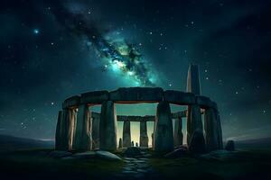 stone henge mock building against the backdrop of night and space. Neural network AI generated photo