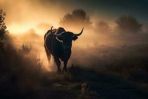 Bull in the wild, Landscape with sunset or sunrise. Neural network AI generated photo