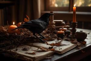 Vintage interior with mysterious vintage table piled with books, a candlestick and a raven. Neural network AI generated photo