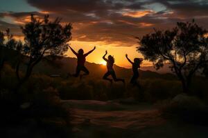 Young friends joyfully jumping against the backdrop of the sunset. Neural network AI generated photo