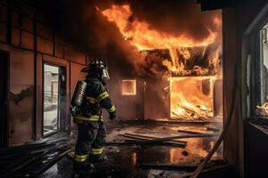 bomberos pulverización agua en fuego luchando operación, fuego y rescate formación colegio regularmente. neural red ai generado foto