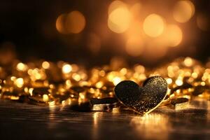 Gold hearts, glitters and bokeh background. Neural network AI generated photo