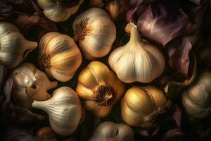 Lots of garlic abstract background. Neural network AI generated photo
