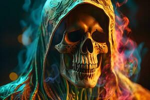 Death portrait skull fire. Neural network AI generated photo