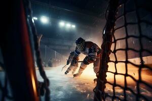 ice hockey goalkeeper player on goal in action. Neural network AI generated photo