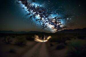 Landscape with Milky Way. Cowboy with his horse. Neural network AI generated photo