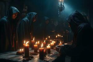 Ritual of medieval priests with candles in the temple. Neural network AI generated photo