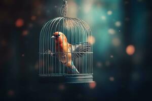 Bird in a cage. Neural network AI generated photo