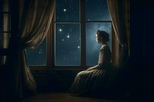 Dreamy fantasy princess looks at the night sky and stars. Neural network AI generated photo