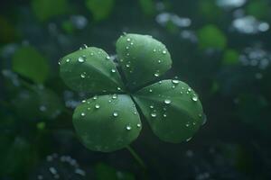 Four-leaf clover with drops. Neural network AI generated photo
