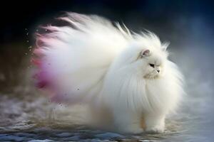 Fluffy cat walking on the snow. Neural network AI generated photo