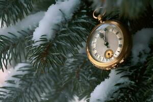 Vintage clock outdoors in winter. Neural network AI generated photo