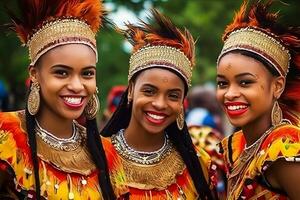 brasileño muchachas disfrutando carnaval festival en Brasil. neural red ai generado foto