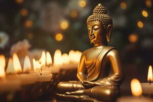 Meditation Buddha statue with candles and lotus. Neural network AI generated photo