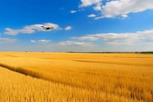 Drone flying over the field. Smart agriculture controlled. Neural network AI generated photo