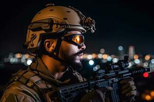 Elite member of US Army rangers in combat helmet and dark glasses. Neural network AI generated photo