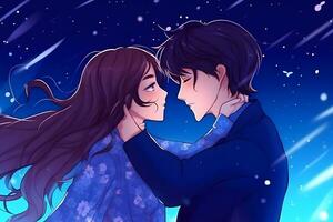 romántico noche debajo el estrellas y Luna Pareja Comparte un íntimo beso. neural red ai generado foto