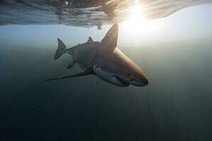 genial blanco tiburón posando en el profundo azul agua. neural red ai generado foto